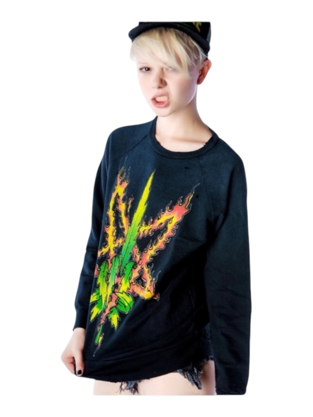 HTF: new UNIF ☻ Burn Me Weed Distressed Sweatshirt ☻ Flames ☻︎ Dirty Black ☻︎ M - Picture 6 of 16